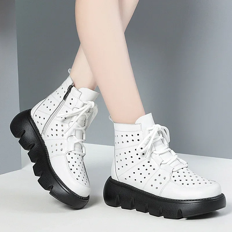 Summer New Fashion Thick Bottom Platform Cut Out Hollow Cross-tied Sewing Genuine Leather Women Ankle Short Modern Boots 230412