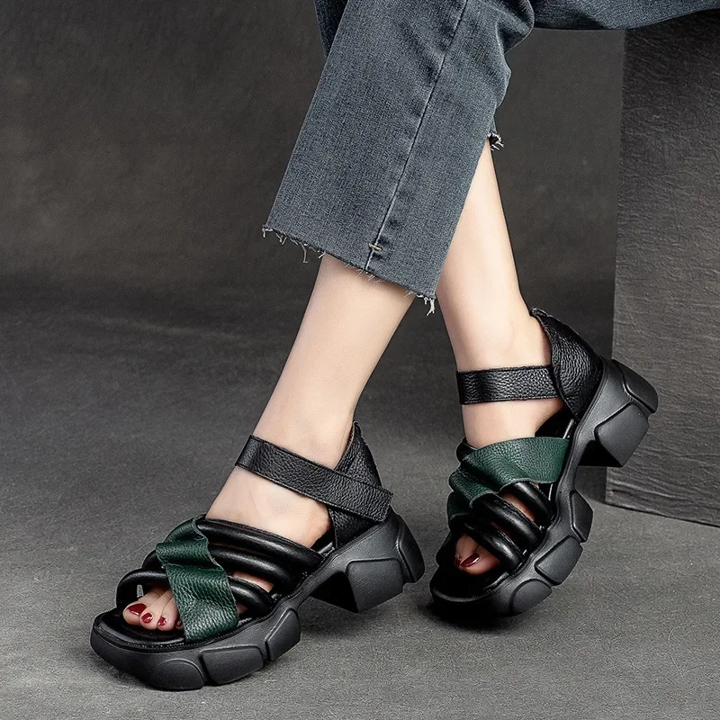 Summer New Retro Chunky Bottom Thick Heels Platform Peep Toe Mixed Colors Narrow Band Genuine Leather Women Gladiator Sandals