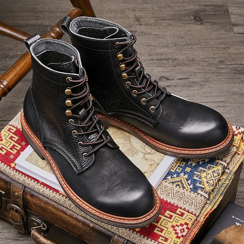 Spring Autumn New British Style Thick Heels Patchwork Rivet Sewing Genuine Leather Men Ankle High Top Motorcycle Boots 2302