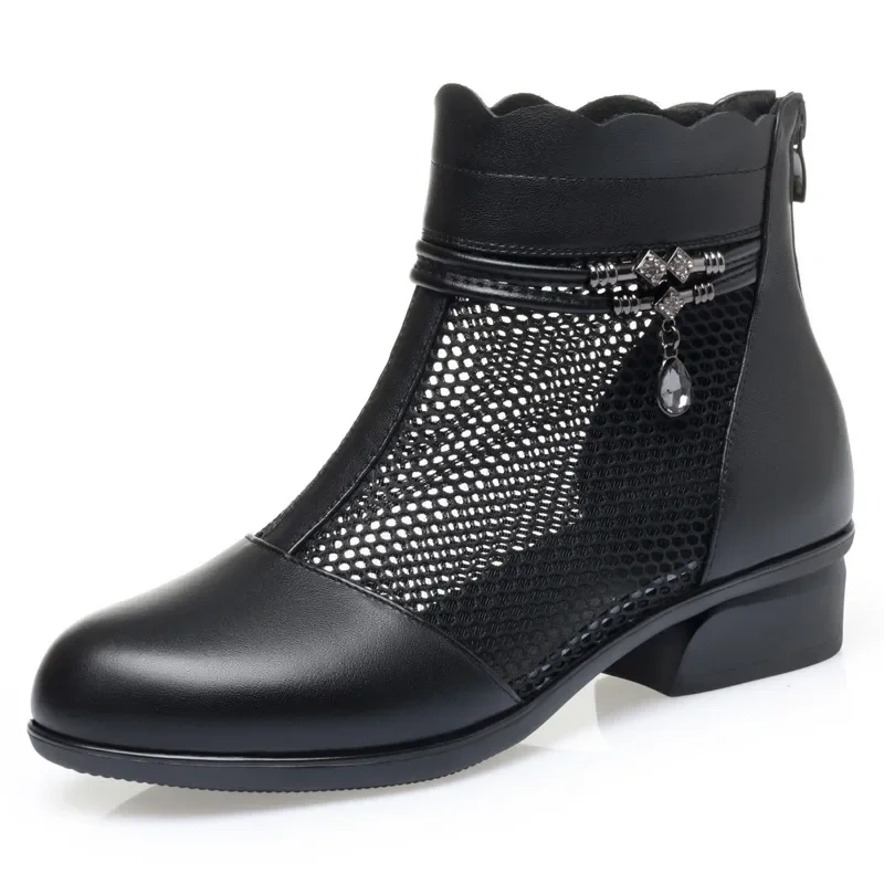 Summer Fashion Thick Heels Cut Out Mesh Rhinestone Narrow Band Plus Size 41 42 Genuine Leather Women Ankle Short Modern Boots