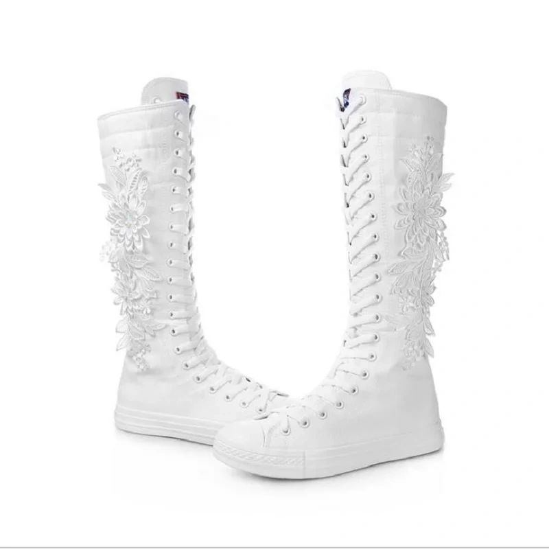 Spring Autumn New National Style Slim Flat Heels Embroidery Zipper Plus Size 40-43 Canvas Women Knee-High Long Boots 0522