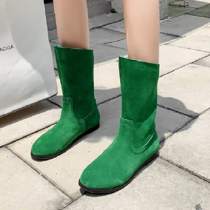 Spring Autumn British Style Retro Thick Low Heels Sewing Full Grain Leather Women Mid-Calf Equestrian Boots Winter Plush Inside