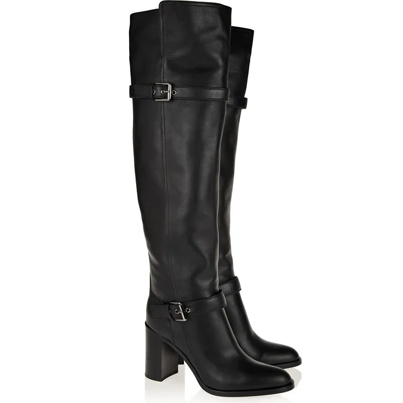 Women Winter Buckle Genuine Leather Thick High Heels Boots Real Leather Pointed Toe Over The Knee Long Boots Plus Size EU 44 45