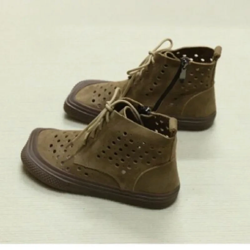 Summer New British Style Retro Chunky Bottom Hollow Cut Out Sewing Cross-tied Genuine Leather Women Ankle Short Boots 230413