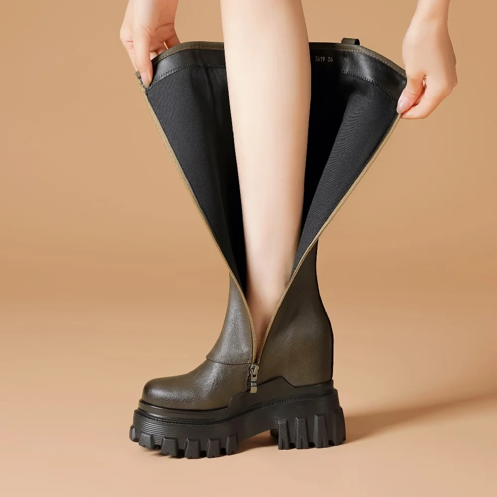 Spring Autumn New Slim Height Increasing Platform Cross-tied Genuine Leather Women Knee-High Long Modern Boots Winter Plush 2310
