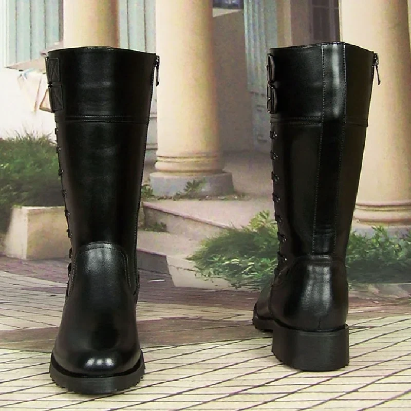 Men Genuine Leather Metal Buckle Mesh Inside High Equestrian Boots Motorcycle Botas Male Plush Inside Long Boots 191126
