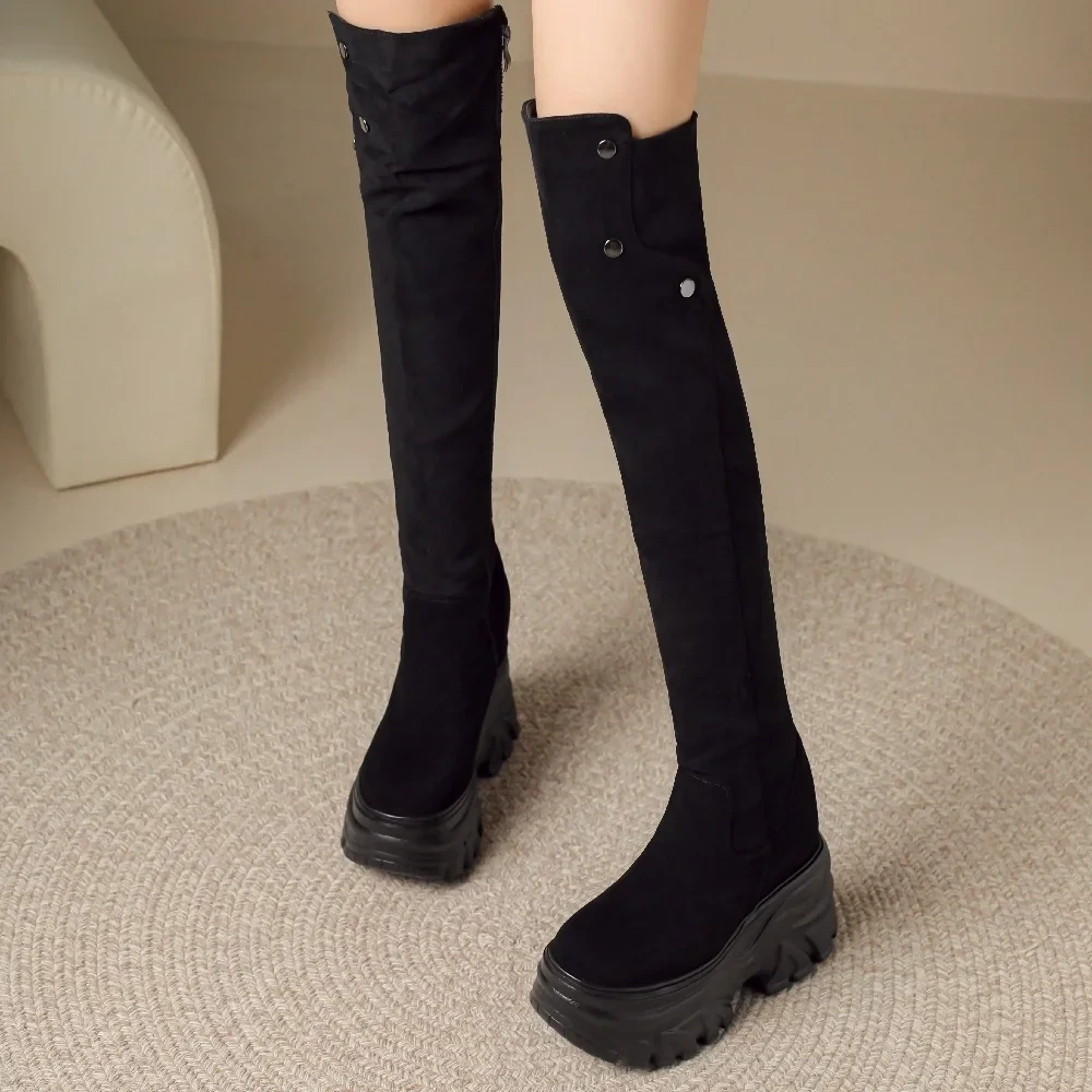 Spring Autumn Winter New Slim Height Increasing Platform Genuine Leather Stretch Fabric Women Over-the-Knee Long Modern Boots
