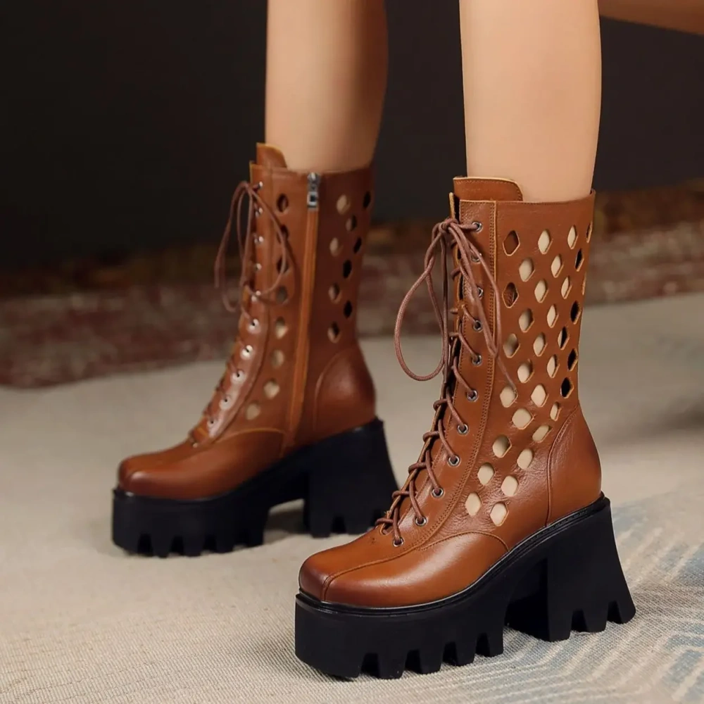 Summer New British Style Slim Height Increasing Platform Hollow Cross-tied Genuine Leather Women Mid-Calf Half Modern Boots 2305