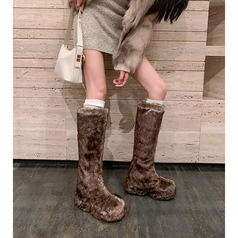 Women's Furry Boots Winter Autumn New 8.5 CM Platform Slip-On Knee High Boots Thickened Lining Cold-Resistant Korean Fashion Y2K Boots 60122