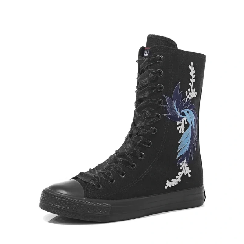 Korean Style Fashion Slim Casual High-top Plus Size 42 43 Canvas Cross-tied Ladies Dance Shoes Zipper Women Mid-Calf Half Boots