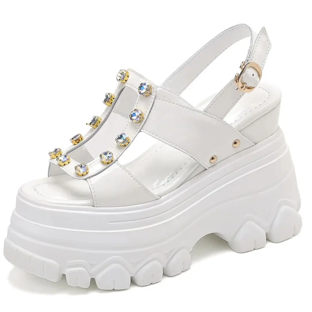 Women Summer New 12 CM Thick Sole Platform Sandals Genuine Leather Open Toe Rhinestone Slingbacks Shoes 50421