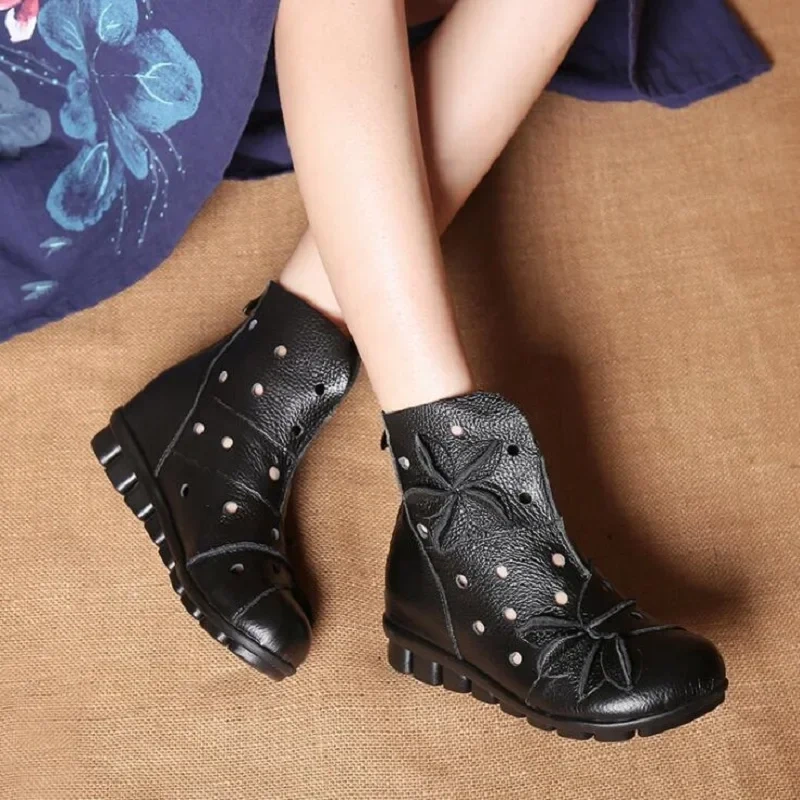 Spring Autumn Summer New Leisure Chunky Bottom Hollow Flowers Genuine Leather Women High Top Short Equestrian Boots 2410