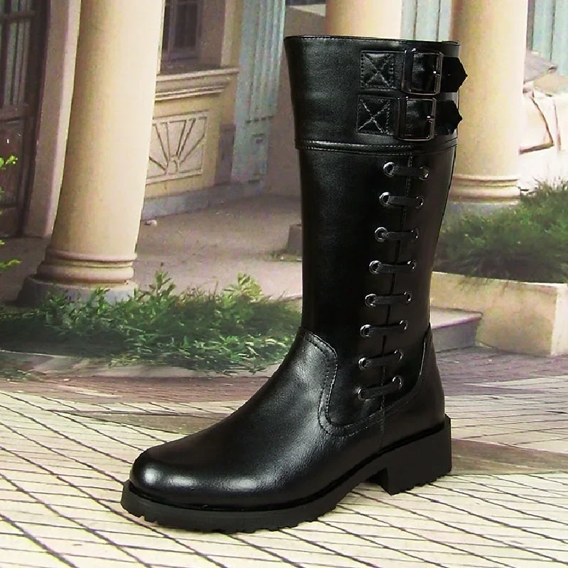 Men Genuine Leather Metal Buckle Mesh Inside High Equestrian Boots Motorcycle Botas Male Plush Inside Long Boots 191126