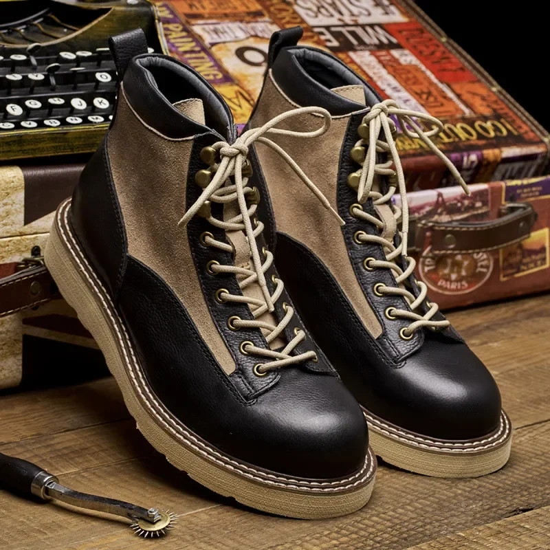 Spring Autumn Men Genuine Leather Mixed Colors Round Toe Single Shoes Chunky Bottom British Style Retro Short Boots 230227
