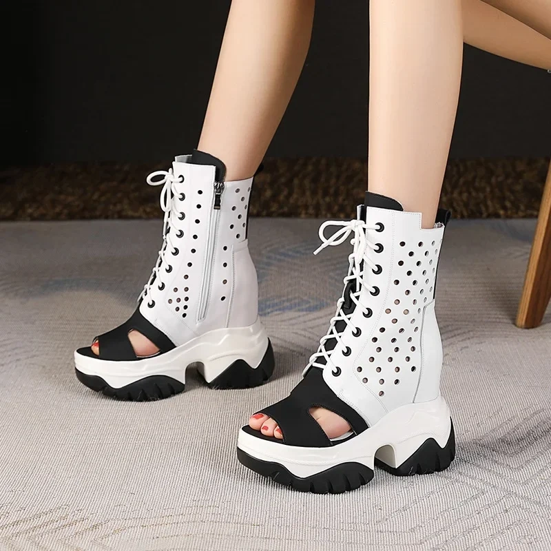 Summer New Slim Platform Peep Toe Wedges Cut-outs Cross-tied Mixed Colors Genuine Leather Women Ankle Short Gladiator Boots 2302