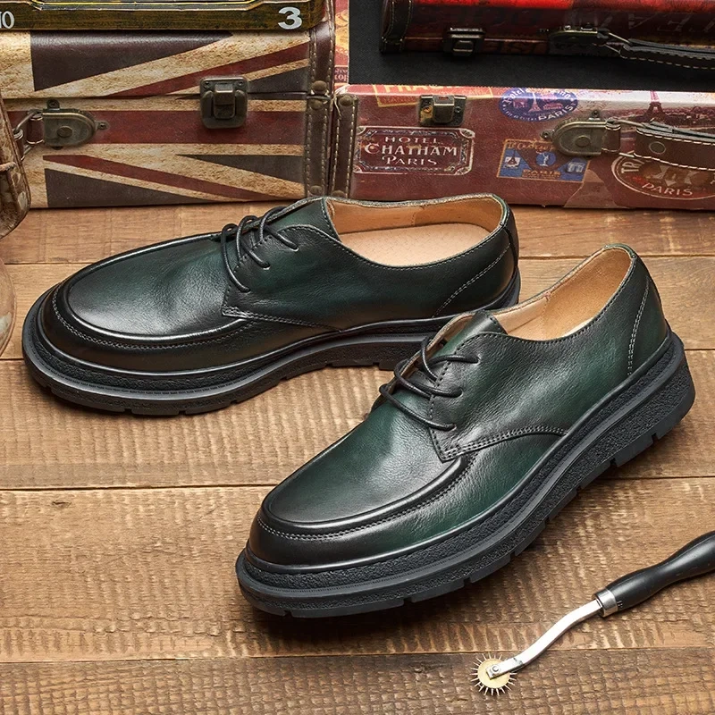 Spring Autumn New British Style Retro Chunky Bottom Sewing Breathable Lace-Up Genuine Leather Male Business Derby Shoes 2305