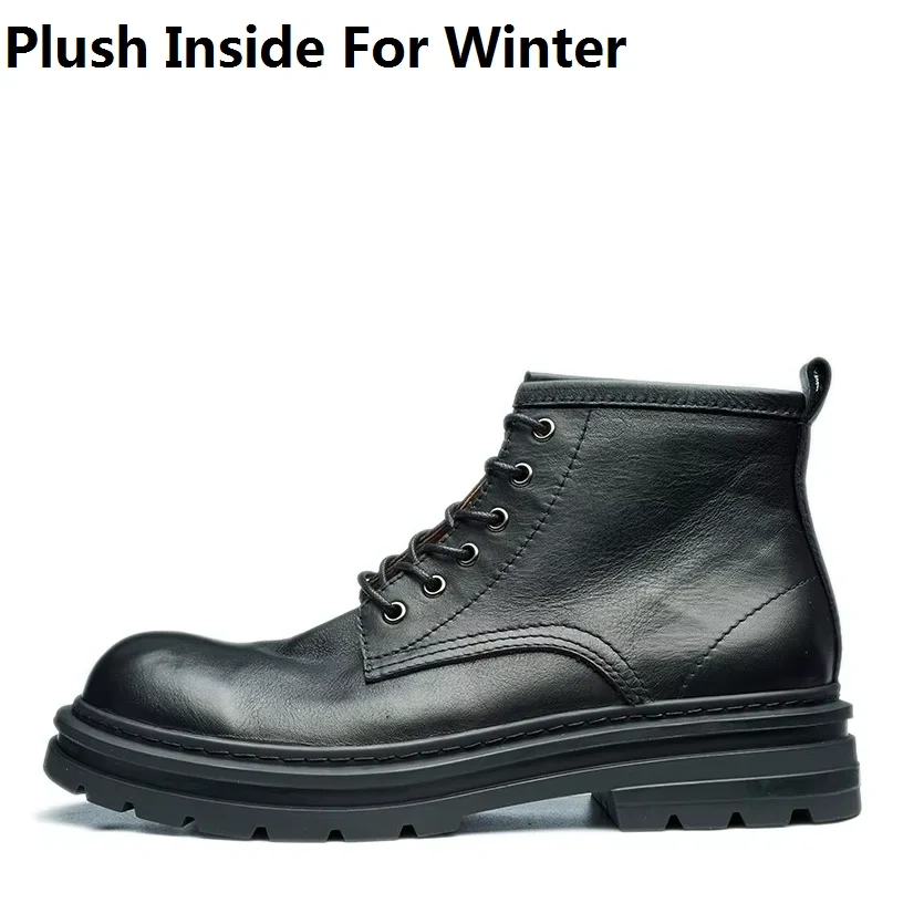 Spring Autmun New Arrival British Style Retro Thick Heels Sewing Genuine Leather Men Ankle Short Motorcycle Boots Winter Plush