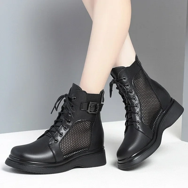 Summer New Arrival Fashion Thick Bottom Cross-tied Belt Buckle Cut Out Mesh Genuine Leather Women Ankle Short Modern Boots 2304