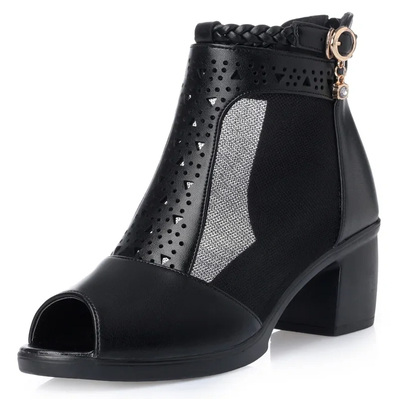 Summer New Fashion Thick High Heels Peep Toe Crystal Buckle Strap Cut Out Mesh Genuine Leather Women Ankle Short Modern Boots