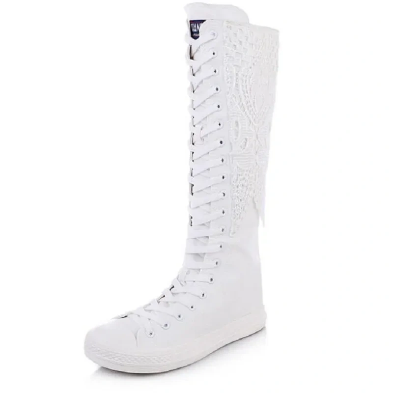 Spring Autumn New Korean Style Slim Flat Heels Embroider Cross-tied Plus Size 42 43 Canvas Lace Women Knee-High Long Boots 0521