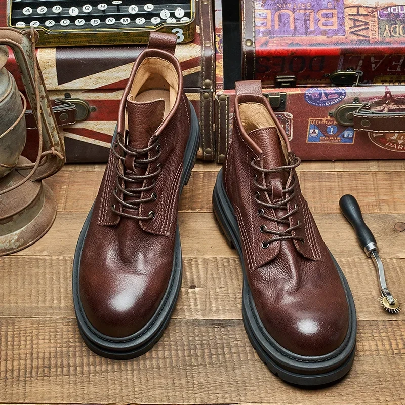 Spring Autmun New Arrival British Style Retro Thick Heels Sewing Genuine Leather Men Ankle Short Motorcycle Boots Winter Plush