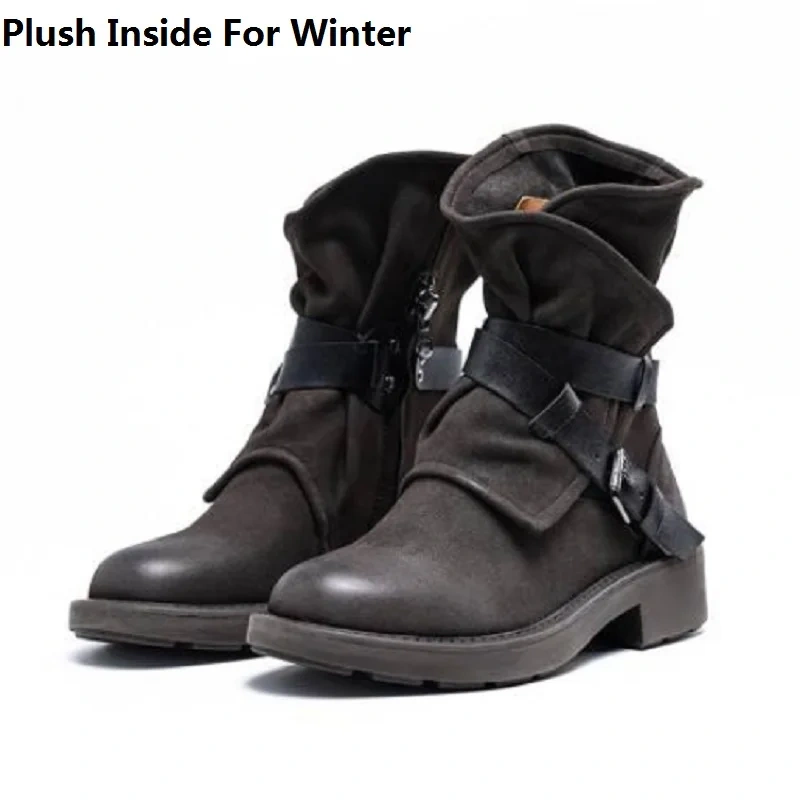 Spring Autumn British Style Retro Thick Heels Buckles Strap Genuine Leather Women Mid-Calf Half Motorcycle Boots Winter Plush