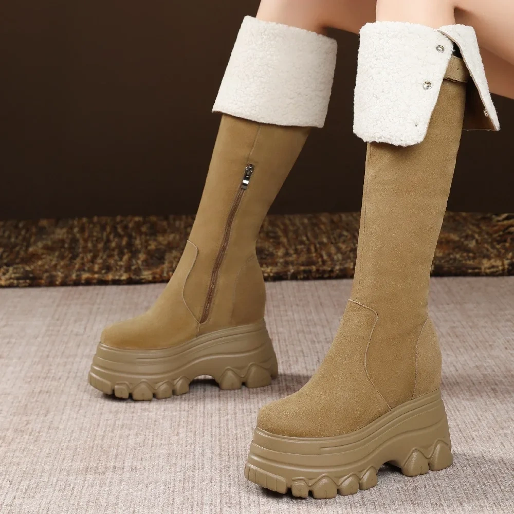 Spring Autumn Winter New Slim Height Internal Platform Belt Buckle Button Genuine Leather Women Over-the-Knee Long Stretch Boots