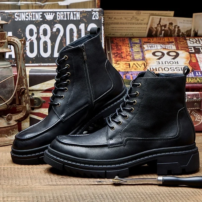 Spring Autmun New British Style Chunky Bottom Platformd Cross-tied Sewing Genuine Leather Men Ankle Short Motorcycle Boots 2304