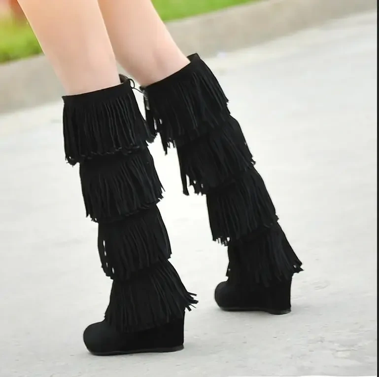 Women Spring  Autumn Fringe Genuine Leather Knee High Boots Short Plush Thick Warm Wedge High Heels Snow Long Boots 20161220