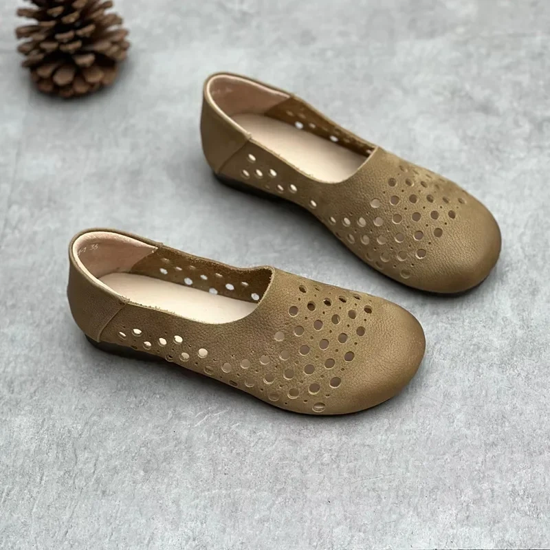 Women Sandals Summer New Retro Chunky Bottom Square Toe Cut Out Hollow Shallow Sewing Patchwork Genuine Leather Ladies Flats 230