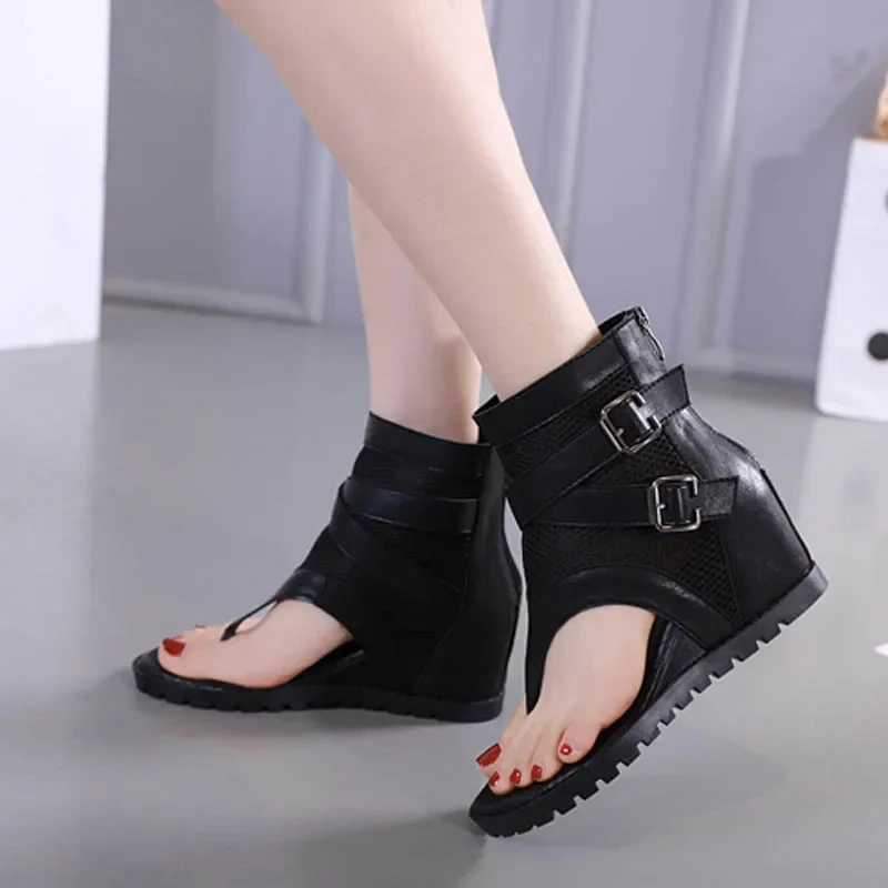 Summer New Fashion Wedges Flip Flop Narrow Band Buckle Belt Cut Out Mesh Patent Leather Women Ankle Short Gladiator Boots 2304