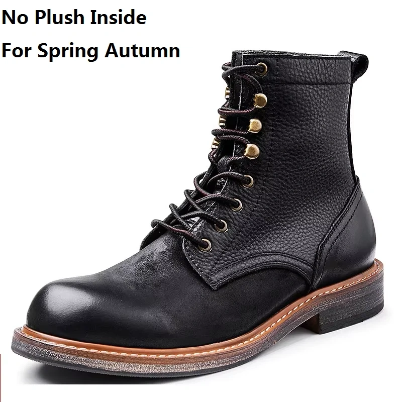 Spring Autumn New British Style Thick Heels Patchwork Rivet Sewing Genuine Leather Men Ankle High Top Motorcycle Boots 2302
