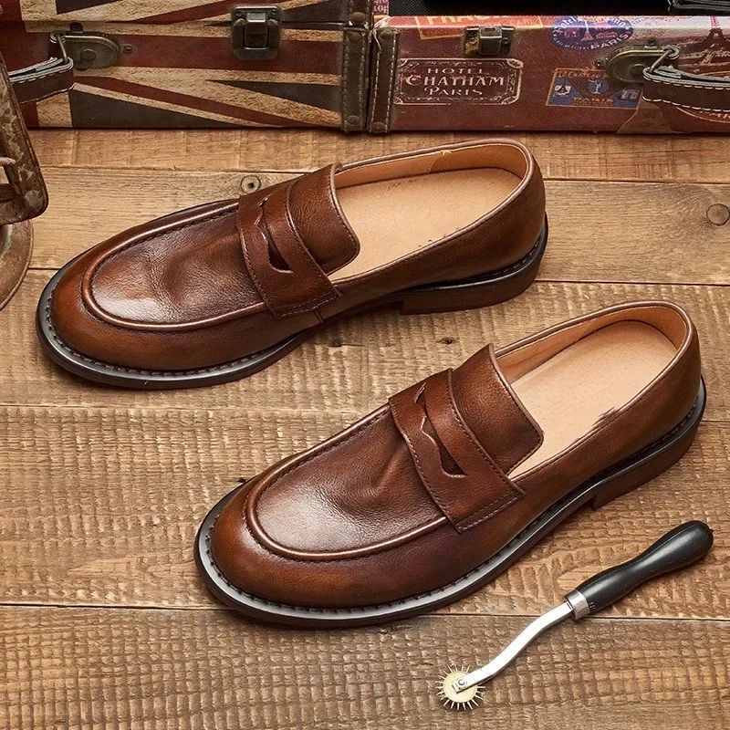 Spring Autmun New Arrival British Style Retro Thick Heels Round Toe Slip-On Sewing Full Grain Leather Men Loafers Shoes 2305