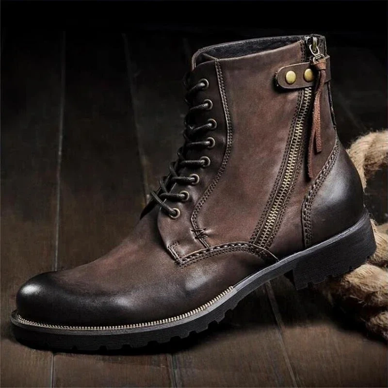 Spring Autumn New British Style Retro Chunky Bottom Rivet Sewing Cross-tied Genuine Leather Men Ankle High Top Motorcycle Boots