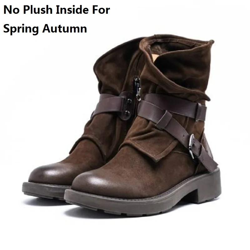 Spring Autumn British Style Retro Thick Heels Buckles Strap Genuine Leather Women Mid-Calf Half Motorcycle Boots Winter Plush