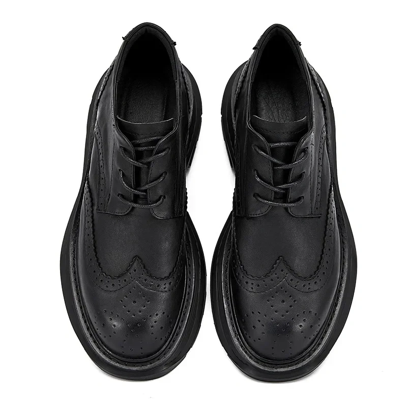 Spring Autumn New British Style Retro Chunky Bottom Cross-tied Brogue Sewing Genuine Leather Men Business Derby Shoes 2305