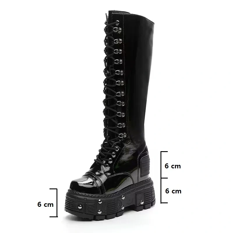 Spring Autumn Winter New Slim Height Increasing Platform Rivet Cross-tied Patent Leather Women Knee-High Long Modern Boots 41217