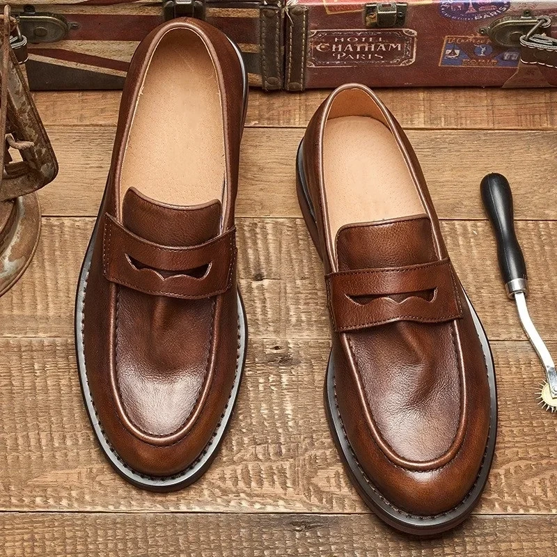 Spring Autmun New Arrival British Style Retro Thick Heels Round Toe Slip-On Sewing Full Grain Leather Men Loafers Shoes 2305