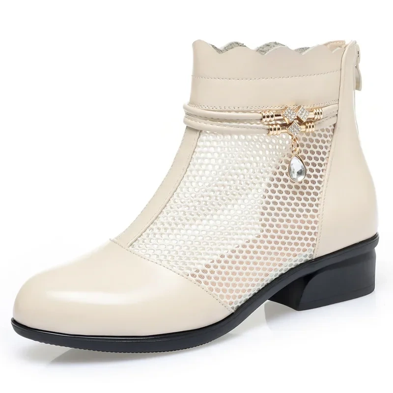 Summer Fashion Thick Heels Cut Out Mesh Rhinestone Narrow Band Plus Size 41 42 Genuine Leather Women Ankle Short Modern Boots