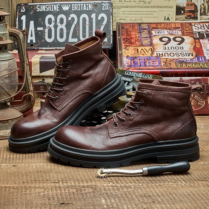 Spring Autmun New Arrival British Style Retro Thick Heels Sewing Genuine Leather Men Ankle Short Motorcycle Boots Winter Plush