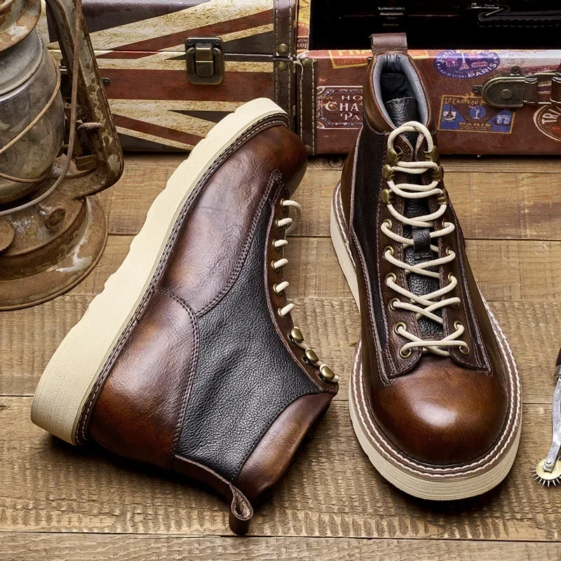 Spring Autumn Men Genuine Leather Mixed Colors Round Toe Single Shoes Chunky Bottom British Style Retro Short Boots 230227