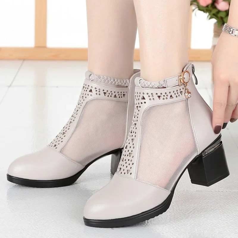 Summer New Fashion Thick High Heels Peep Toe Crystal Buckle Strap Cut Out Mesh Genuine Leather Women Ankle Short Modern Boots