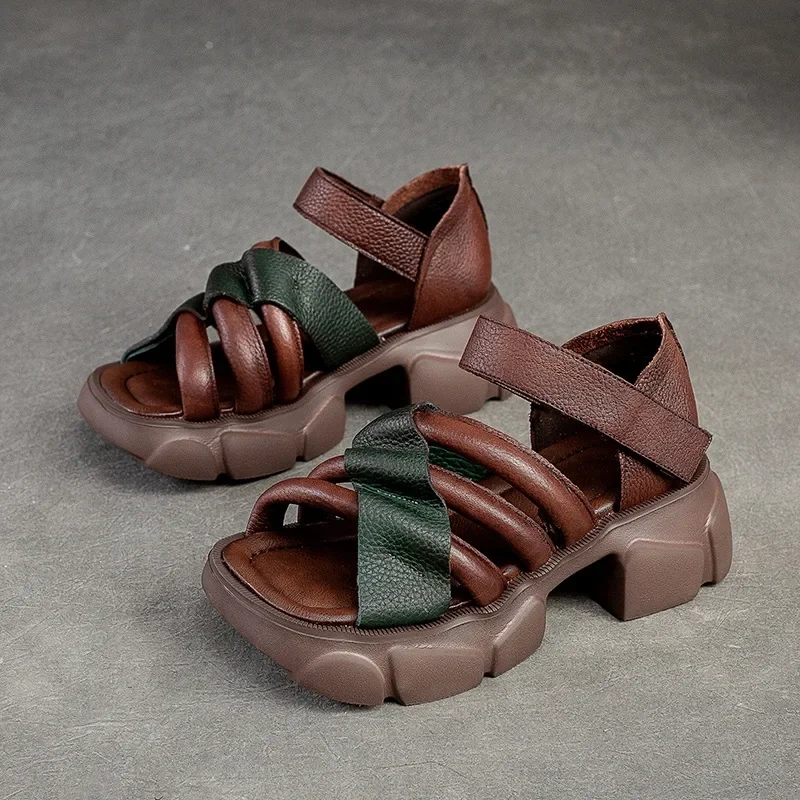 Summer New Retro Chunky Bottom Thick Heels Platform Peep Toe Mixed Colors Narrow Band Genuine Leather Women Gladiator Sandals