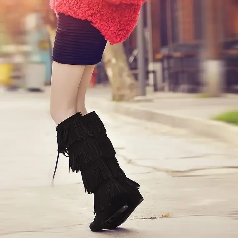 Women Spring  Autumn Fringe Genuine Leather Knee High Boots Short Plush Thick Warm Wedge High Heels Snow Long Boots 20161220