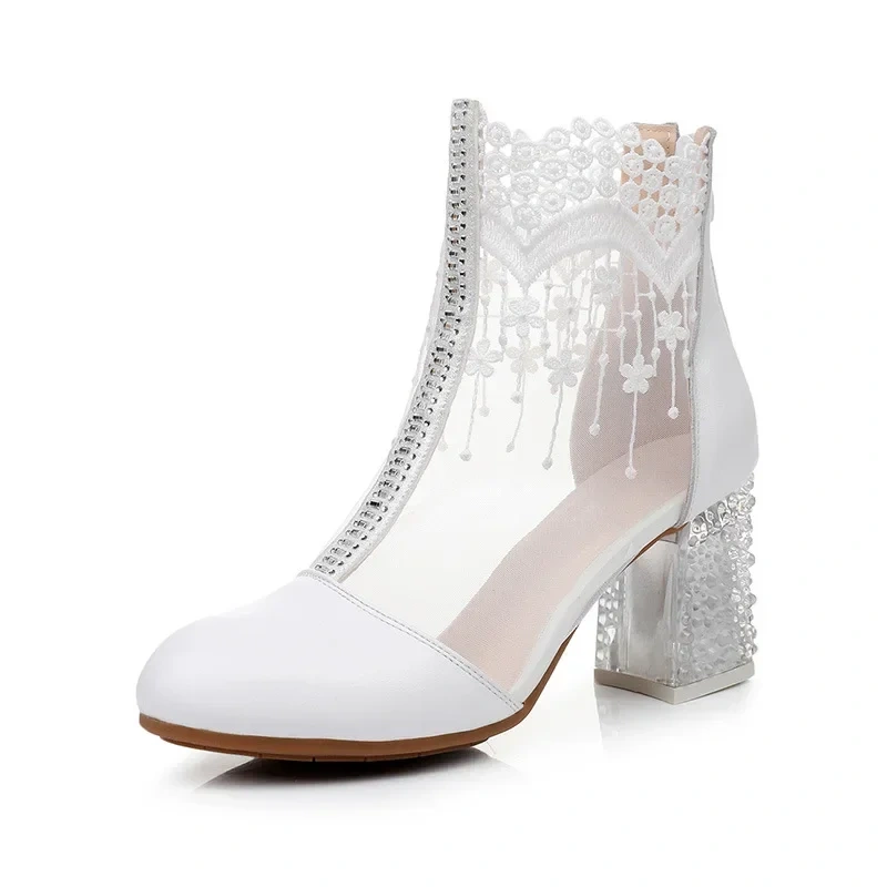 Summer New Arrival Fashion Thick High Heels Crystal Embroidery Cut Out Mesh Genuine Leather Women Ankle Short Modern Boots 2304