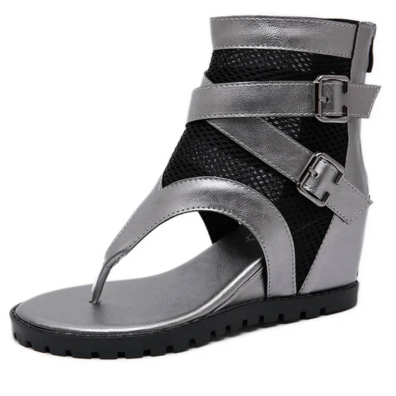 Summer New Fashion Wedges Flip Flop Narrow Band Buckle Belt Cut Out Mesh Patent Leather Women Ankle Short Gladiator Boots 2304