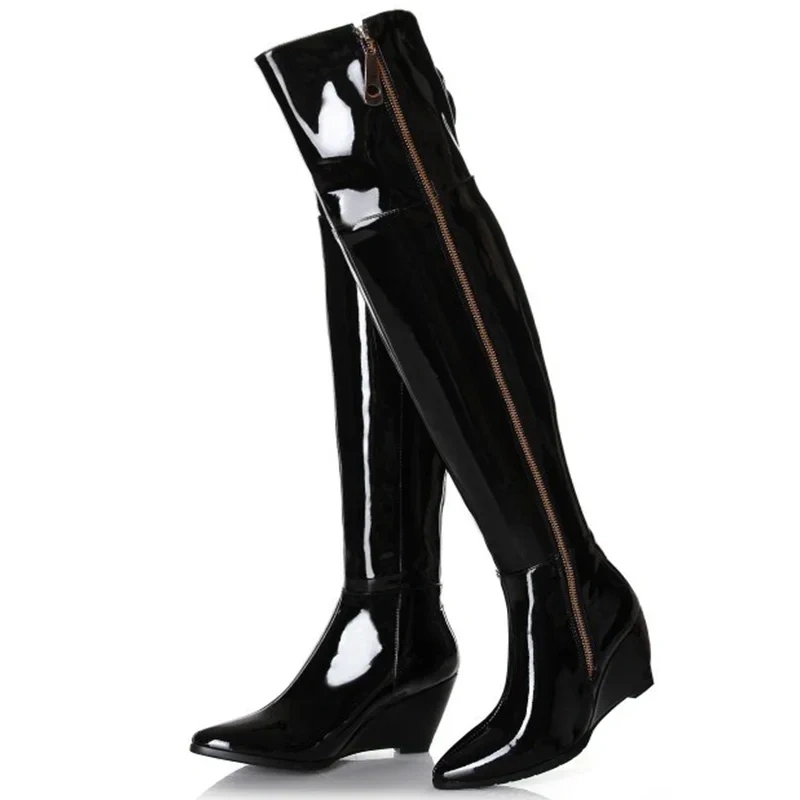 New Women Wedges Genuine Leather Pointed Toe Side Zipper Autumn Winter Fashion Over The Knee Boots Plus Size 41-45