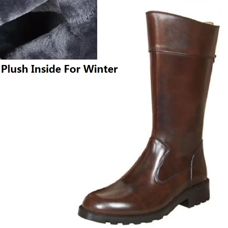 Spring Autumn British Style Thick Heels Brown Genuine Leather Men Mid-Calf Knight Boots Male Half Equestrian Botas 0928