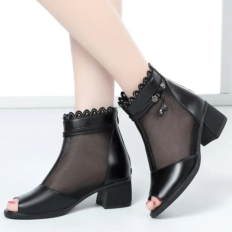 Summer New Fashion Thick Heels Peep Toe Metal String Bead Breathable Mesh Genuine Leather Women Ankle Short Modern Boots 2206