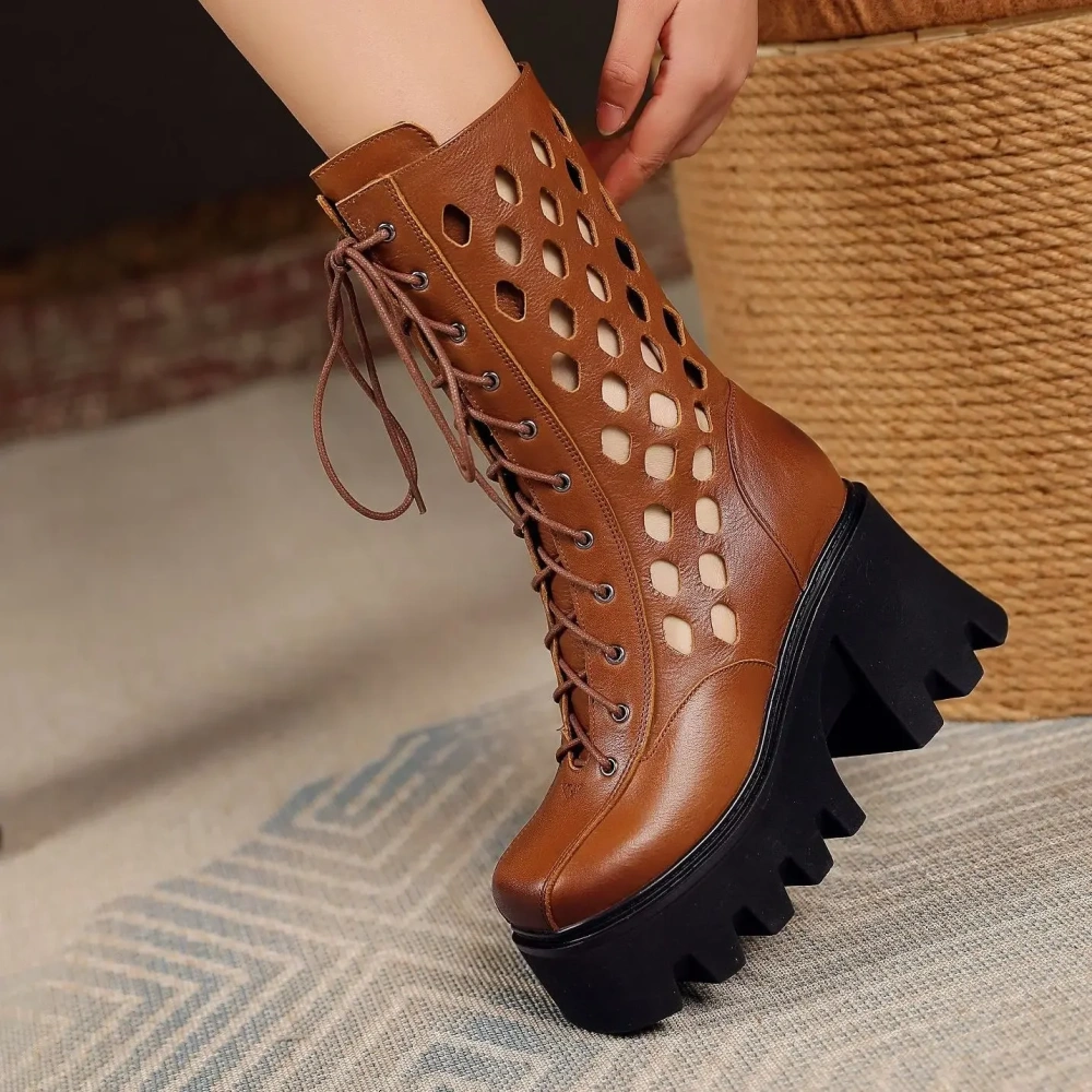Summer New British Style Slim Height Increasing Platform Hollow Cross-tied Genuine Leather Women Mid-Calf Half Modern Boots 2305